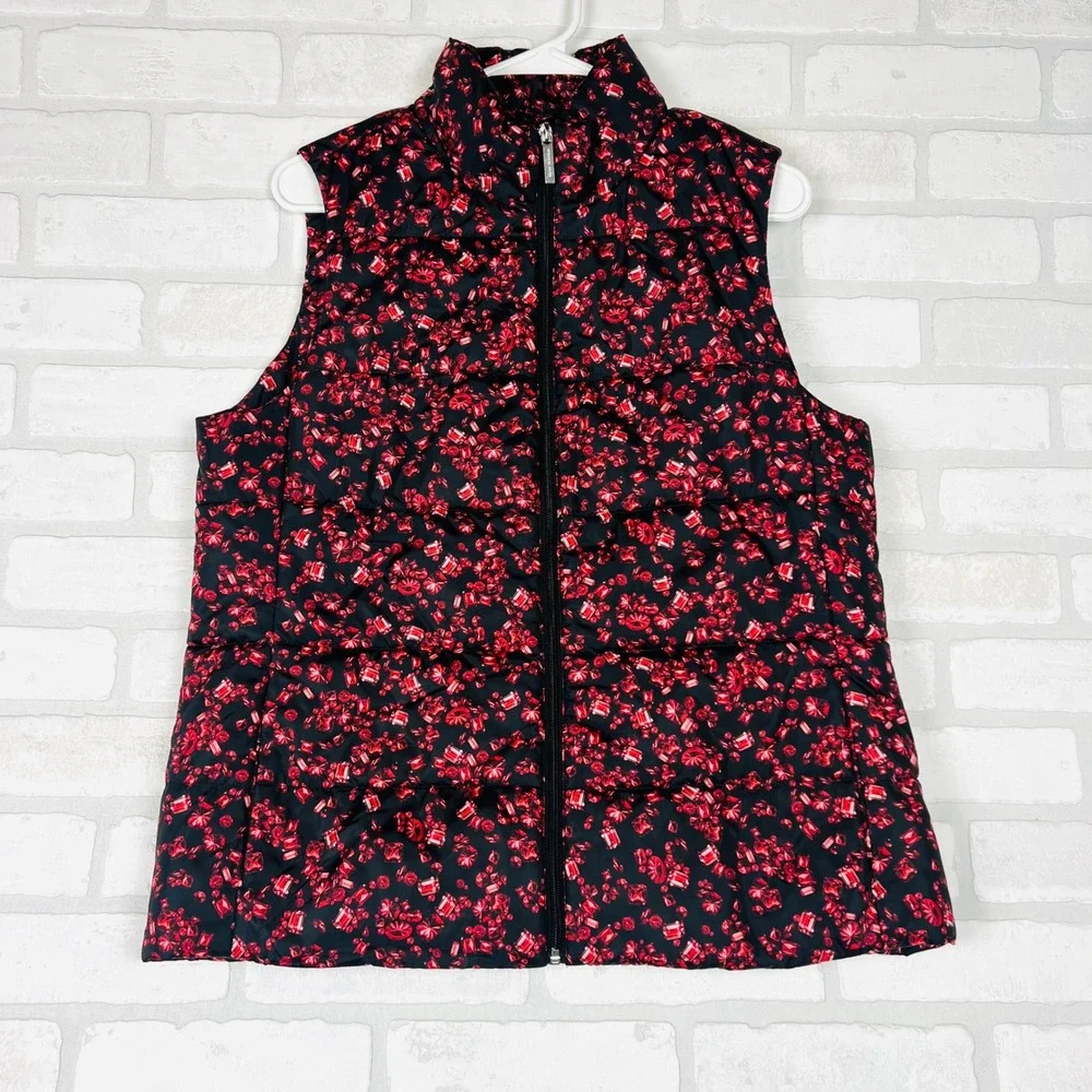Michael Kors Women Ruby Gemstone Print Puffer Vest Black Red Zip Up Large